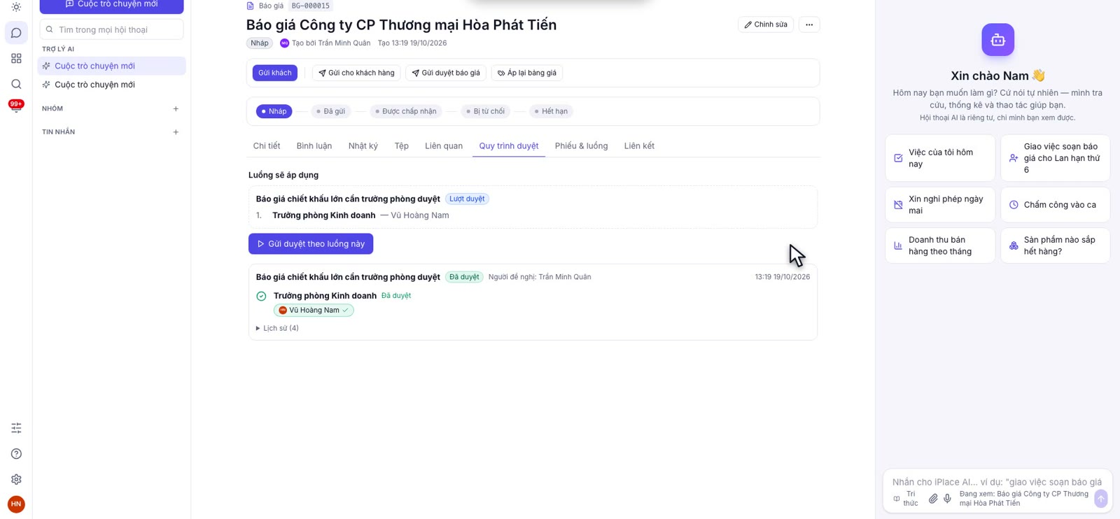 Báo giá Hòa Phát Tiến với tab Quy trình duyệt hiển thị luồng báo giá chiết khấu lớn cần trưởng phòng duyệt và lịch sử đã duyệt