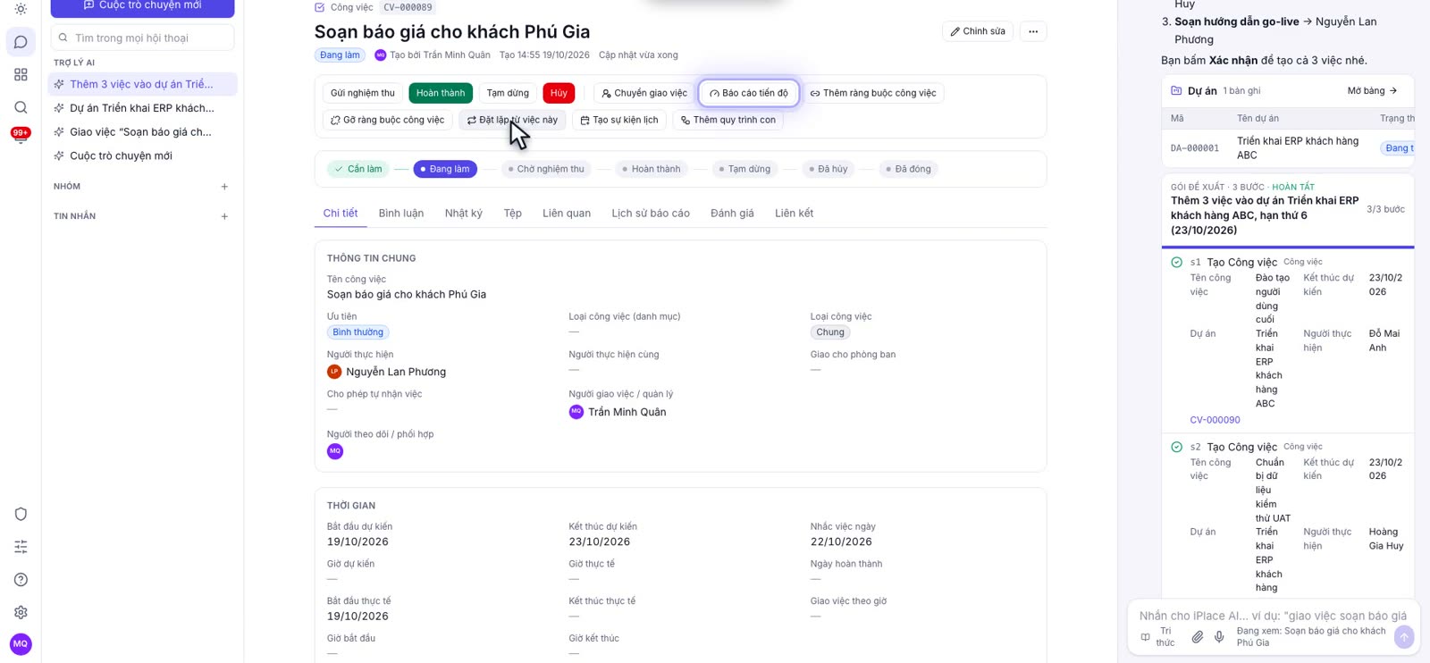 Màn hình chi tiết công việc Soạn báo giá cho khách hàng với thanh trạng thái, nút Báo cáo tiến độ, Thêm ràng buộc công việc và các tab Bình luận, Nhật ký, Tệp