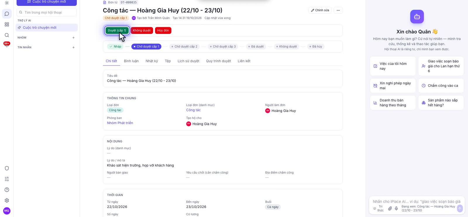 Đơn công tác ở trạng thái chờ duyệt cấp 1 với các nút Duyệt, Không duyệt, Hủy đơn và các cấp duyệt phía dưới