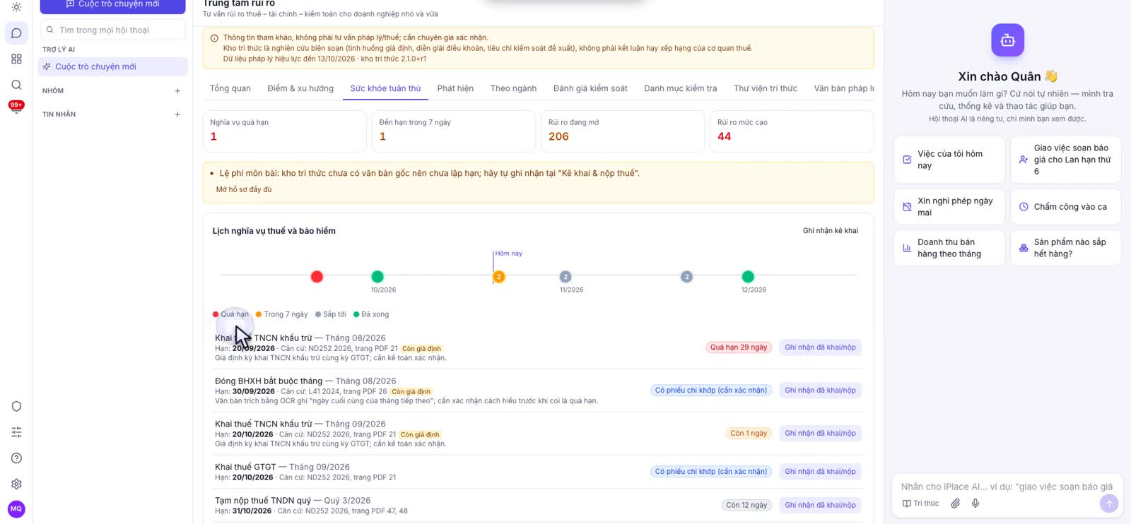 Tab Sức khỏe tuân thủ với số nghĩa vụ quá hạn, sắp đến hạn và timeline lịch nghĩa vụ thuế, bảo hiểm